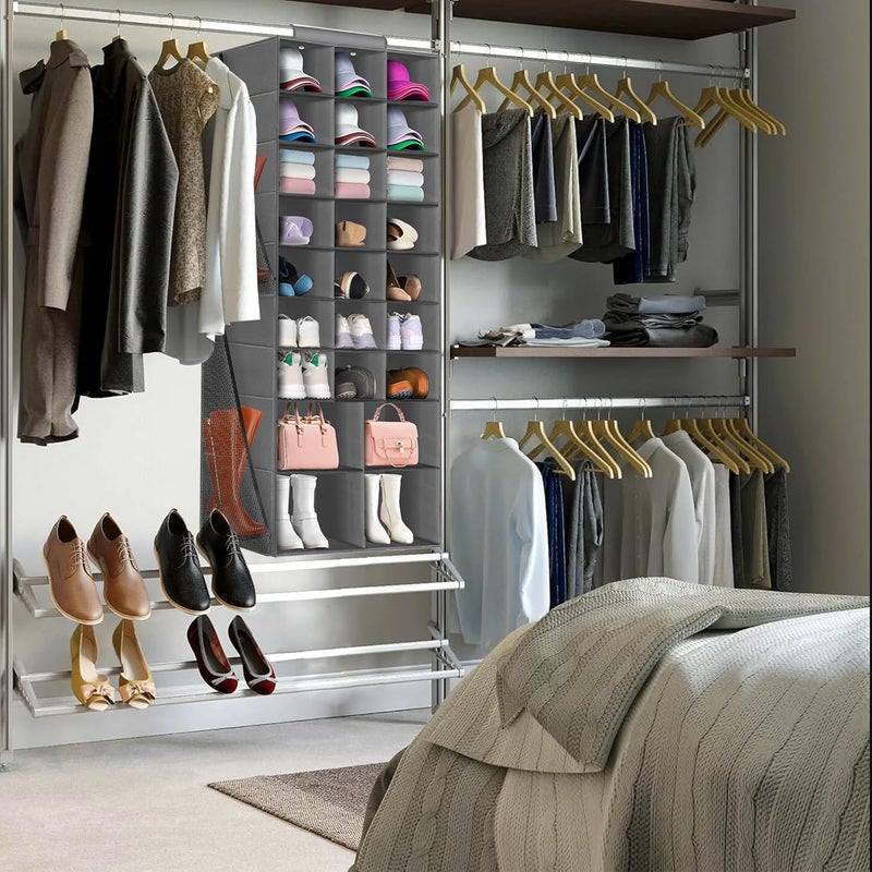 VERONLY Hanging Shoe Organizer for Closet, Closet Hanging Shoe Storage Rack Holder Shelves,Collapsible Shoe Closet Organizers and Storage with 4 Large Side Pockets,25 Sections for Shoes,Hats,Clothes(Gray) - Image 1